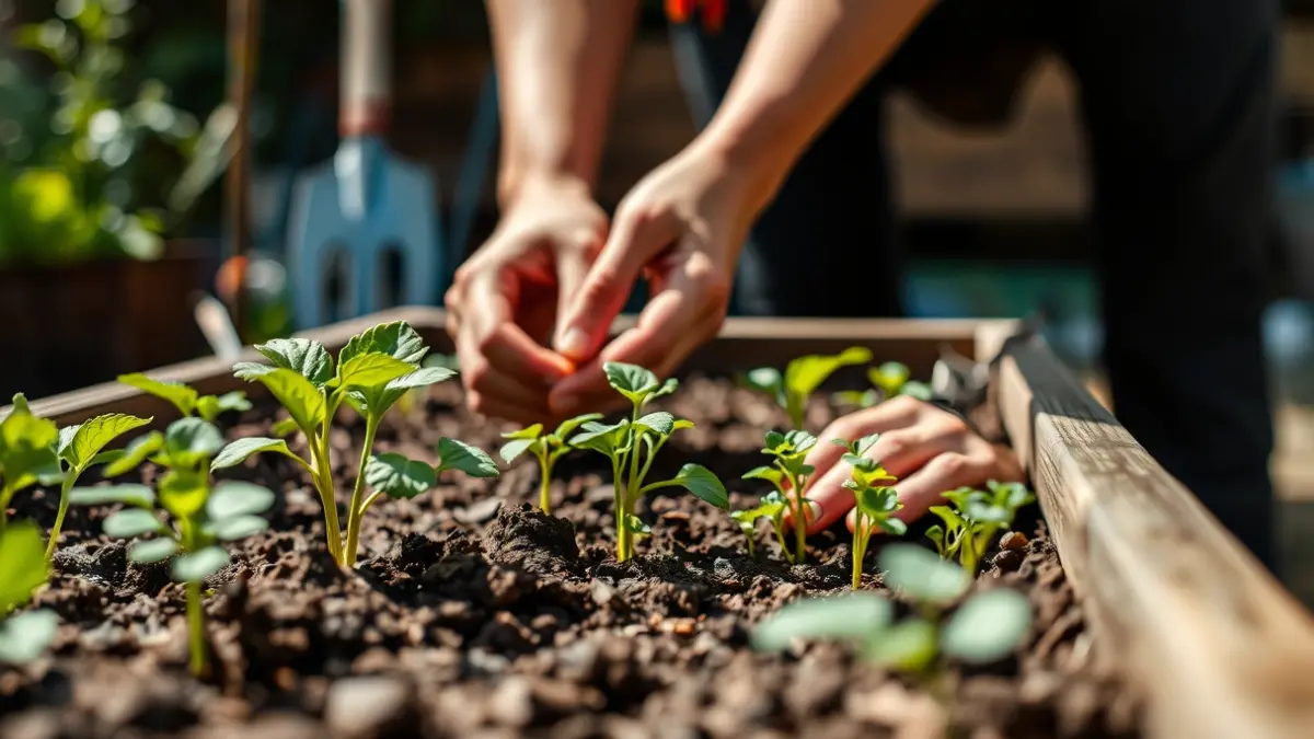 Generic image of hands tending to plants in an urban garden, symbolizing ecological agriculture.