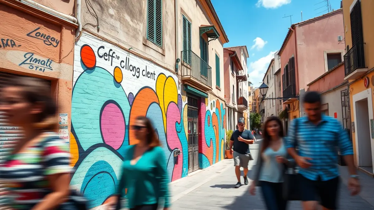 Imagen de un mural de arte urbano en una pared de un barrio mediterráneo, con formas abstractas y colores vivos.