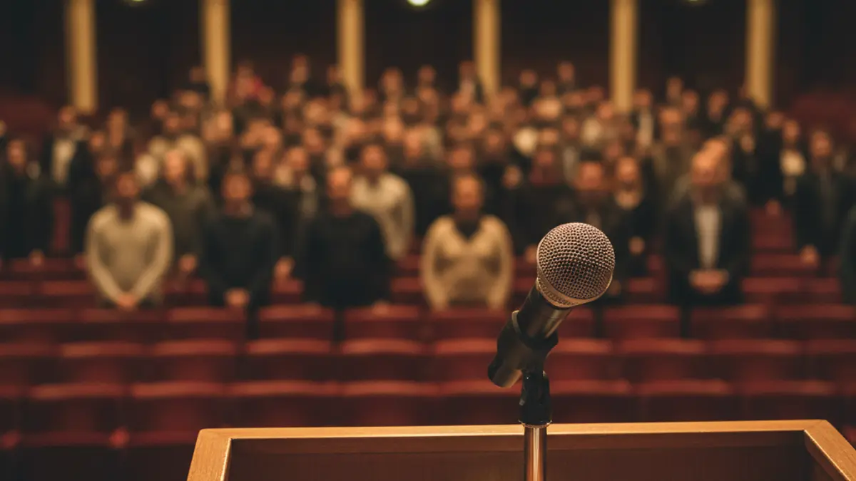 Imatge genèrica d'un micròfon en un faristol d'auditori, amb seients buits al fons.