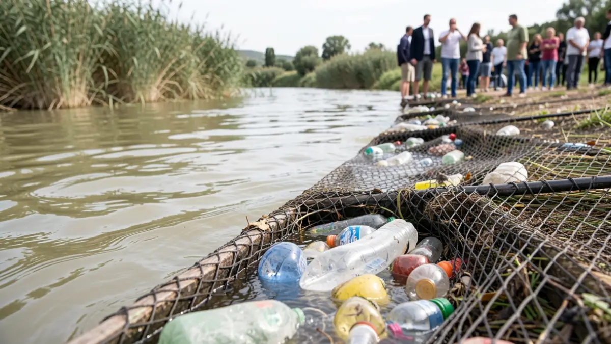Image of waste containment barriers in a river.