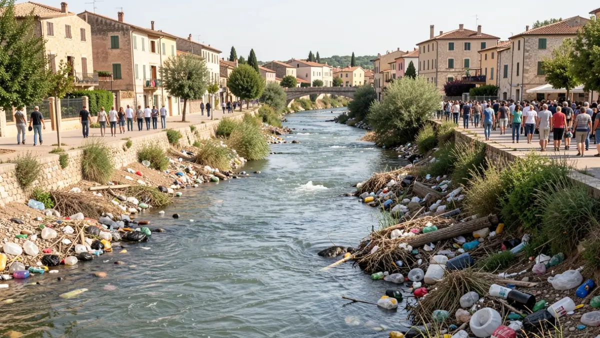 Imatge genèrica de residus acumulats en un riu amb poblat mediterrani al fons.