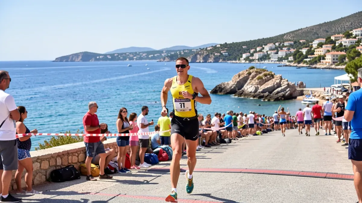 Imatge genèrica d'un triatleta creuant la meta amb el mar Mediterrani al fons.