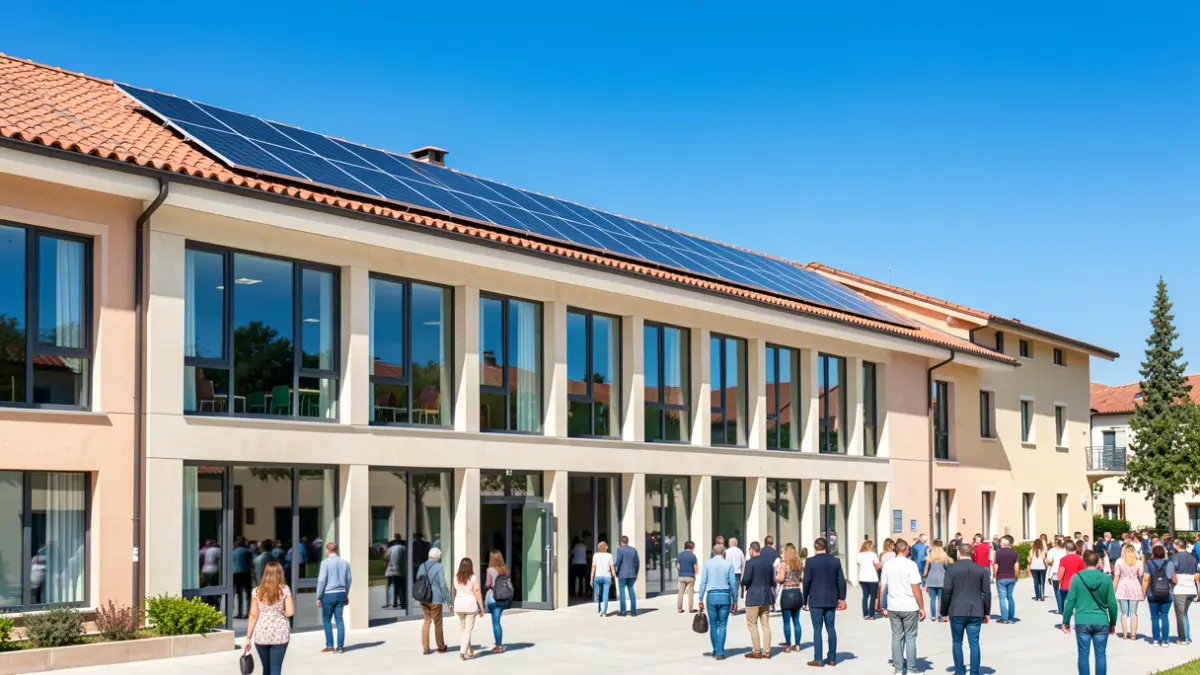 Imagen genérica de un edificio educativo moderno con elementos sostenibles.