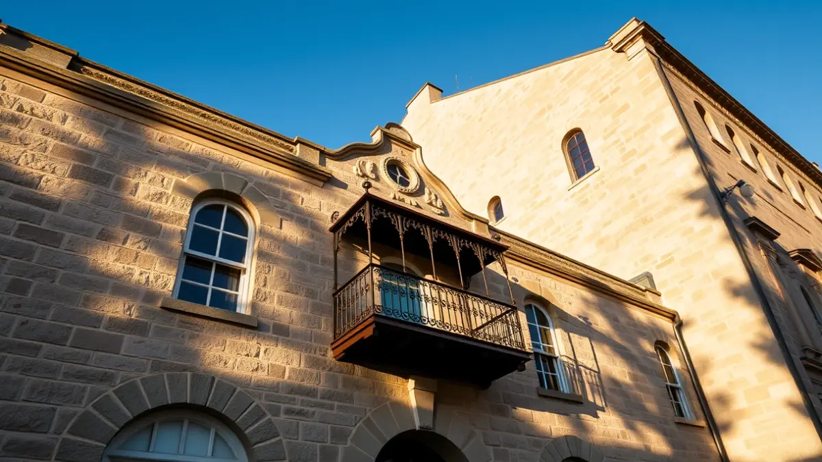 Fachada del ayuntamiento de Paiporta, con balcones y barandillas de hierro, bañada por la luz del sol de la tarde.