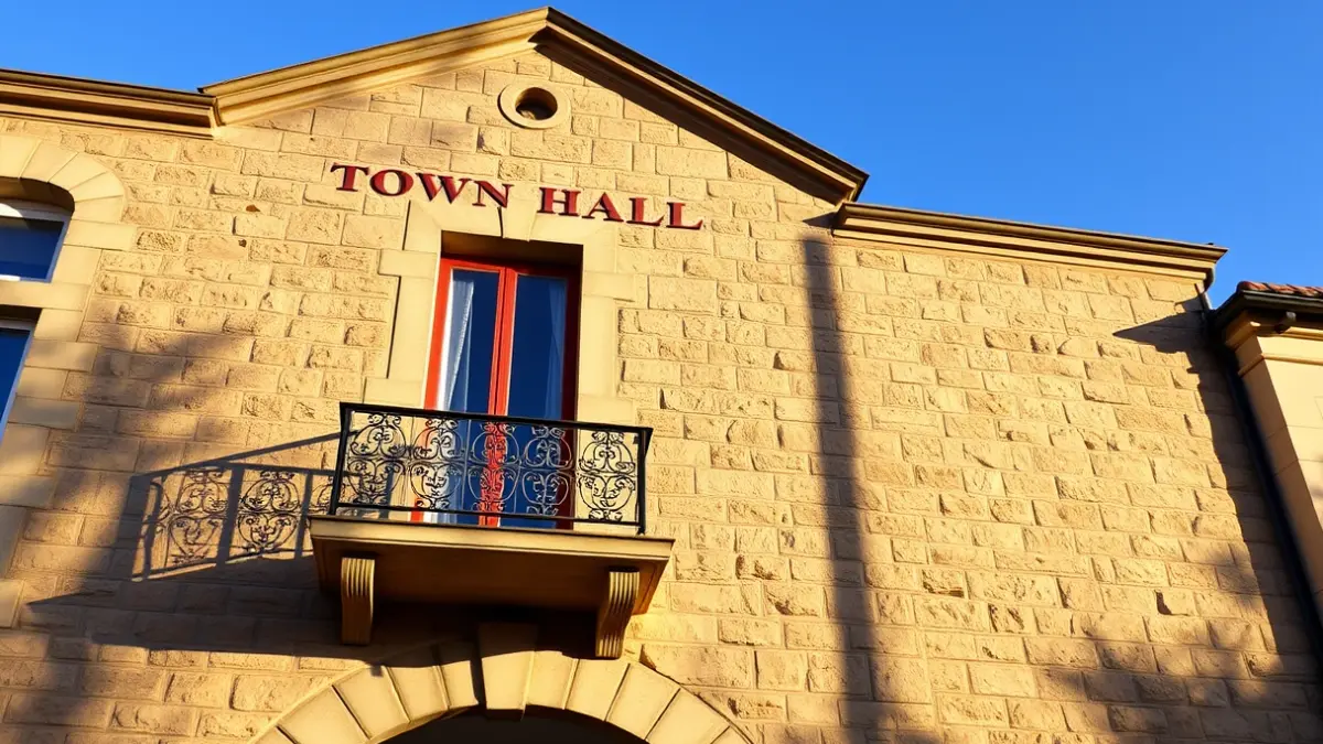 Facade of Paiporta town hall, with balconies and iron railings, bathed in the afternoon sunlight.