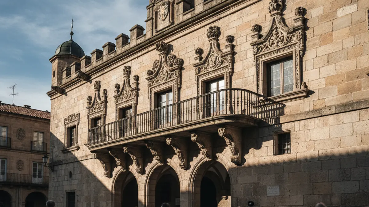 Fachada del ayuntamiento de Paterna, con balcones y barandillas de hierro, bañada por la luz del sol de la tarde.