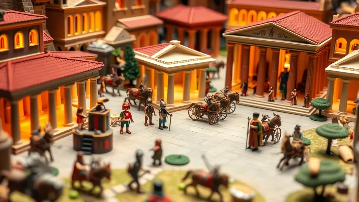 Imatge d'un diorama de Playmobil que recrea l'antiga Roma, amb figures i edificis detallats.
