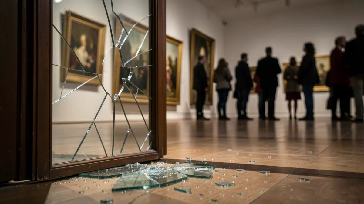 Imatge genèrica d'una porta de galeria d'art trencada amb vidres trencats i quadres moguts.