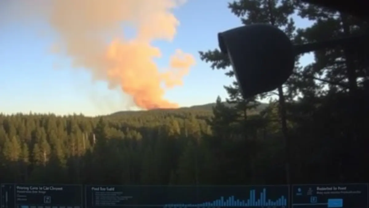 Imagen de una cámara de videovigilancia forestal detectando humo en un bosque, con una interfaz digital superpuesta.