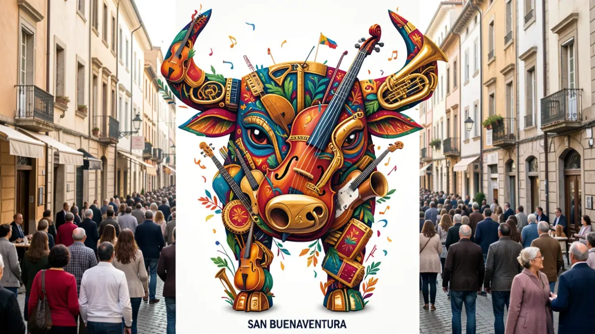 Imatge del cartell guanyador de les Festes de Juliol de Pedreguer, amb instruments musicals formant un bou.