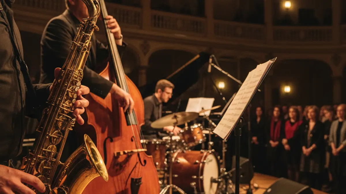 Imatge d'una banda de jazz actuant en un escenari amb llums càlides.