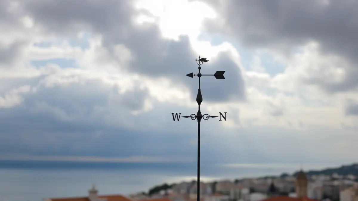 Generic image of a weather vane on a variable weather day in a Mediterranean coastal town.