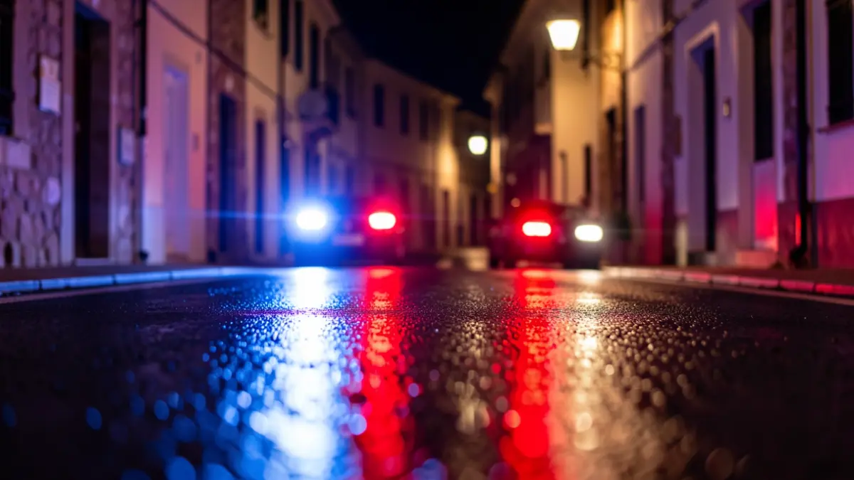 Imatge genèrica de llums d'emergència policials reflectint-se en asfalt mullat.