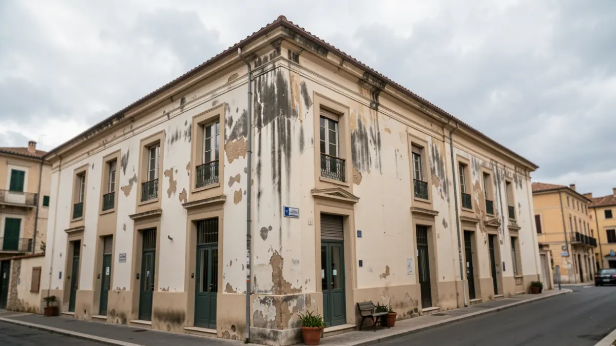 Imatge genèrica de l'exterior d'un edifici de mercat municipal amb signes de deteriorament.