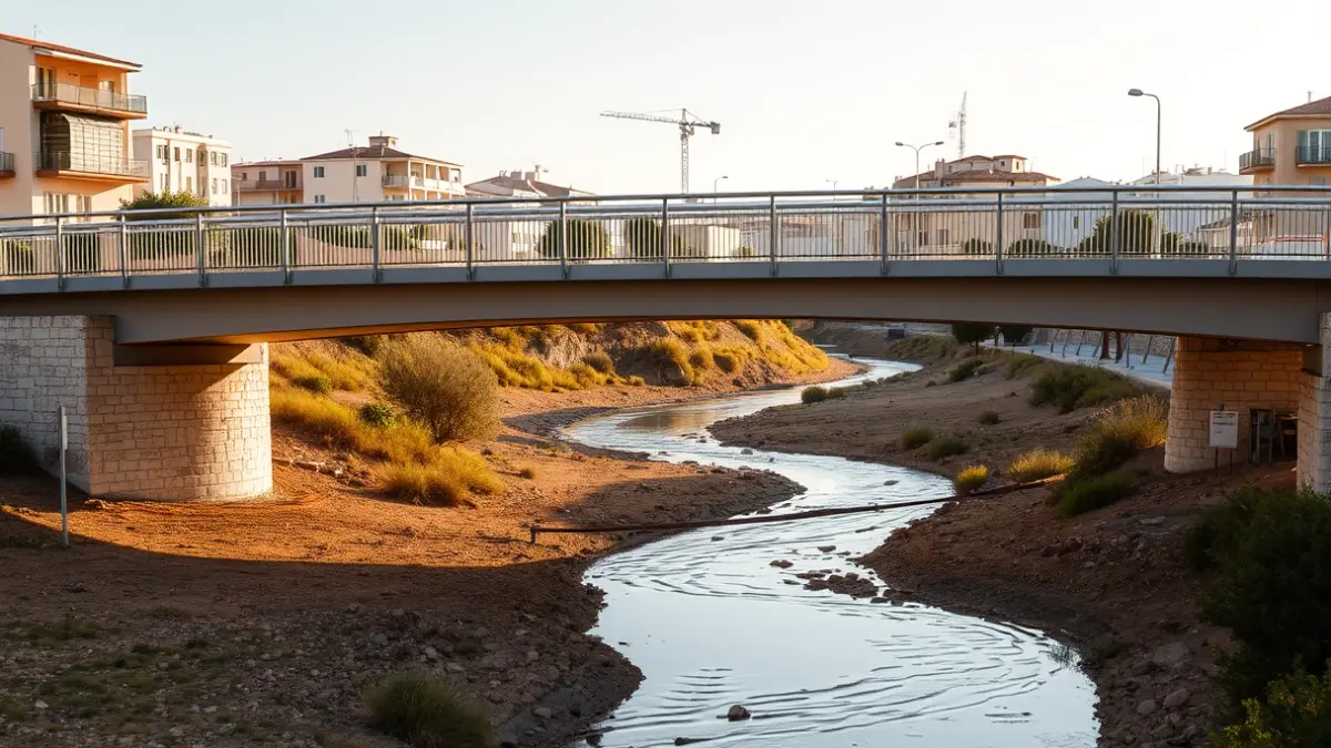 Imatge d'una passarel·la de vianants i ciclistes de disseny modern, amb il·luminació LED, sobre un llit de riu sec en una localitat mediterrània.