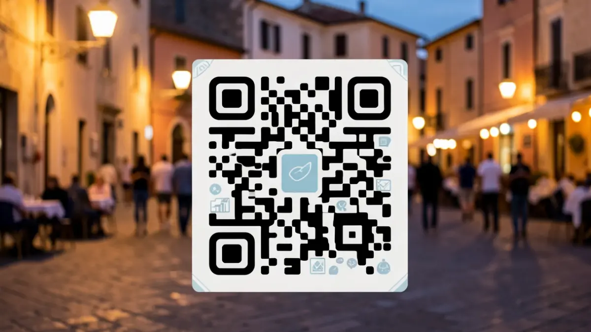 Generic image of a QR code with informational graphic elements in an urban setting.