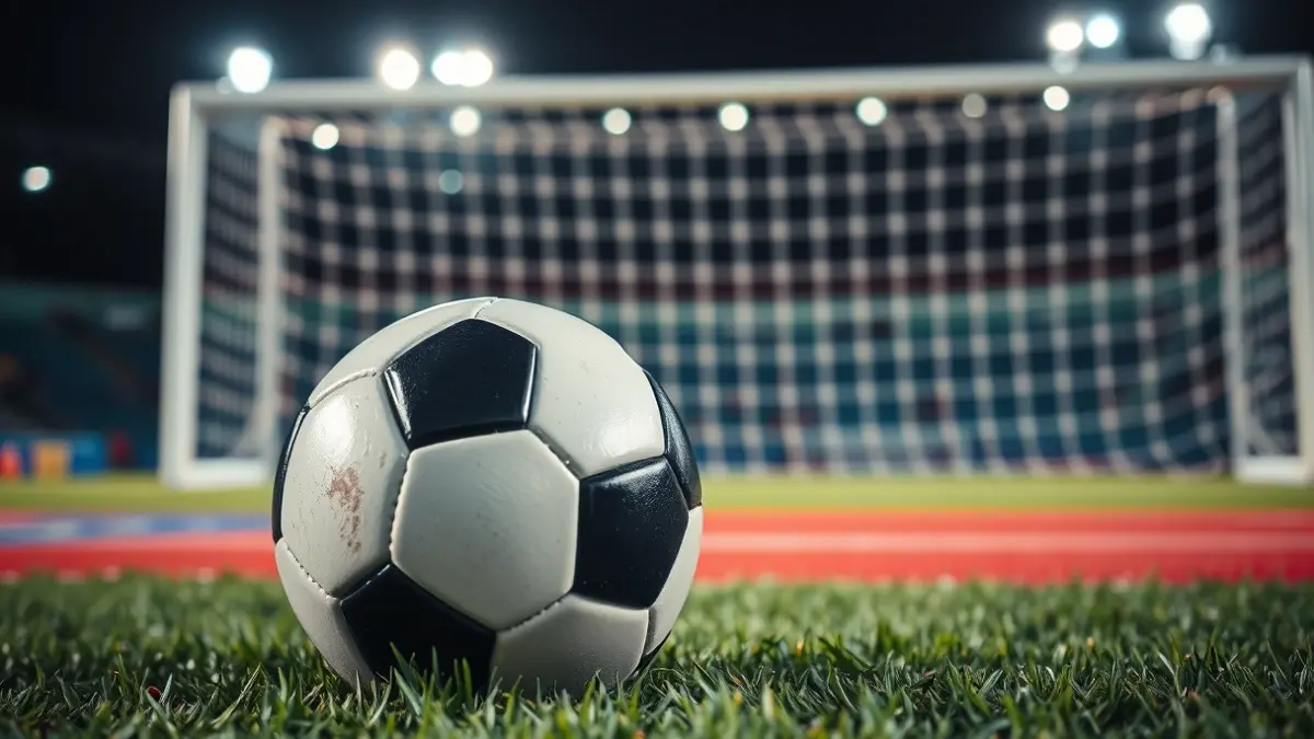 Generic image of a soccer ball on a green pitch, with a blurred goal net in the background.