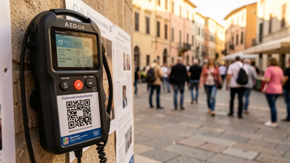 Generic image of a defibrillator with a QR code in an urban setting.