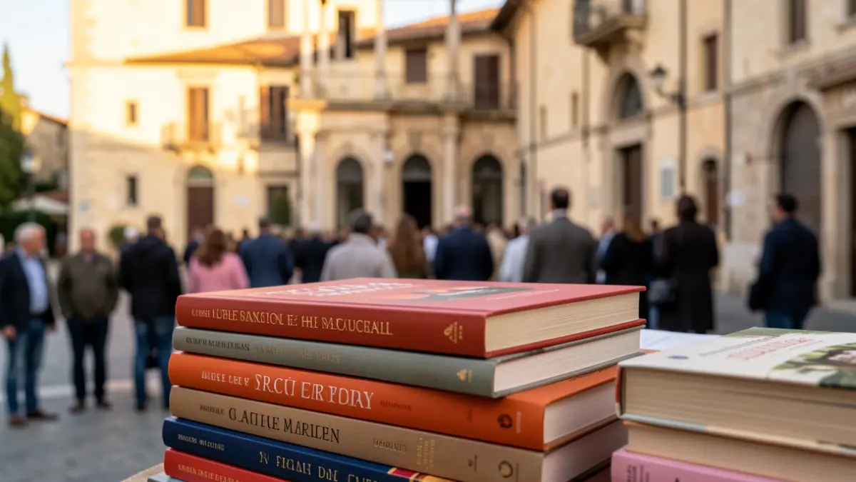 Generic image of books with a town hall in the background.