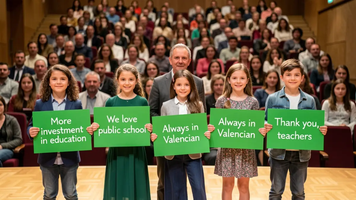 Imagen genérica de niños mostrando carteles de apoyo a la huelga docente en un acto.