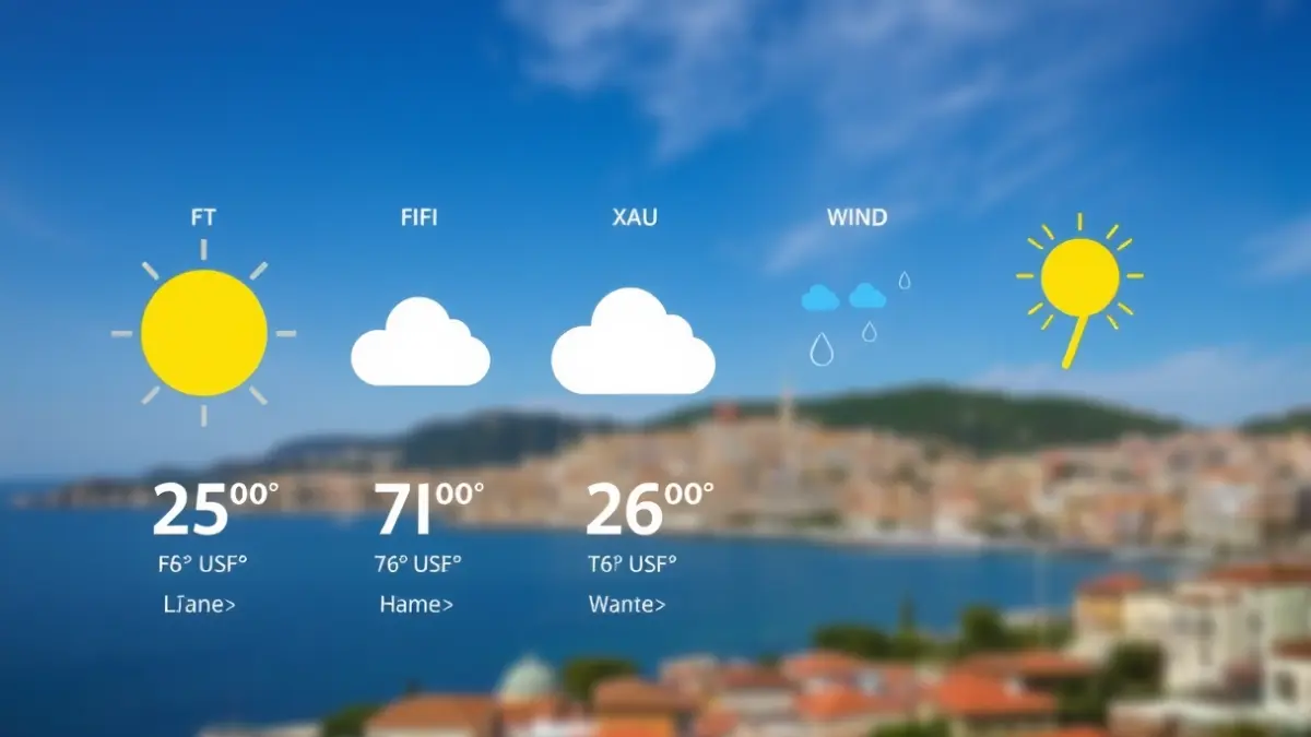 Generic image of a weather forecast with sun, clouds, and rain symbols, and temperatures.