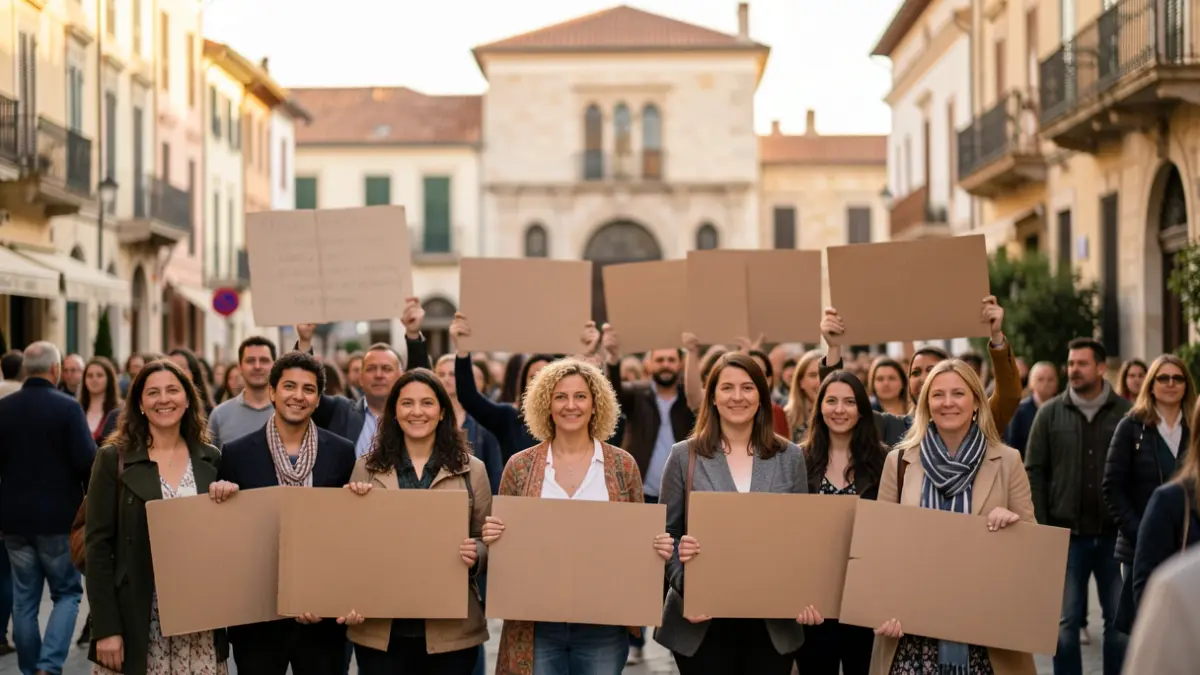 Imatge genèrica de professors manifestant-se davant d'un ajuntament.