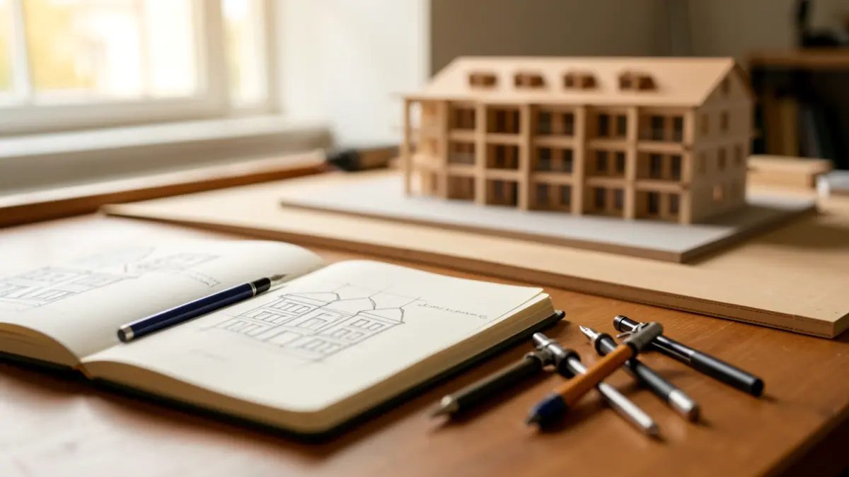 Generic image of a design studio with work tools and sketches.