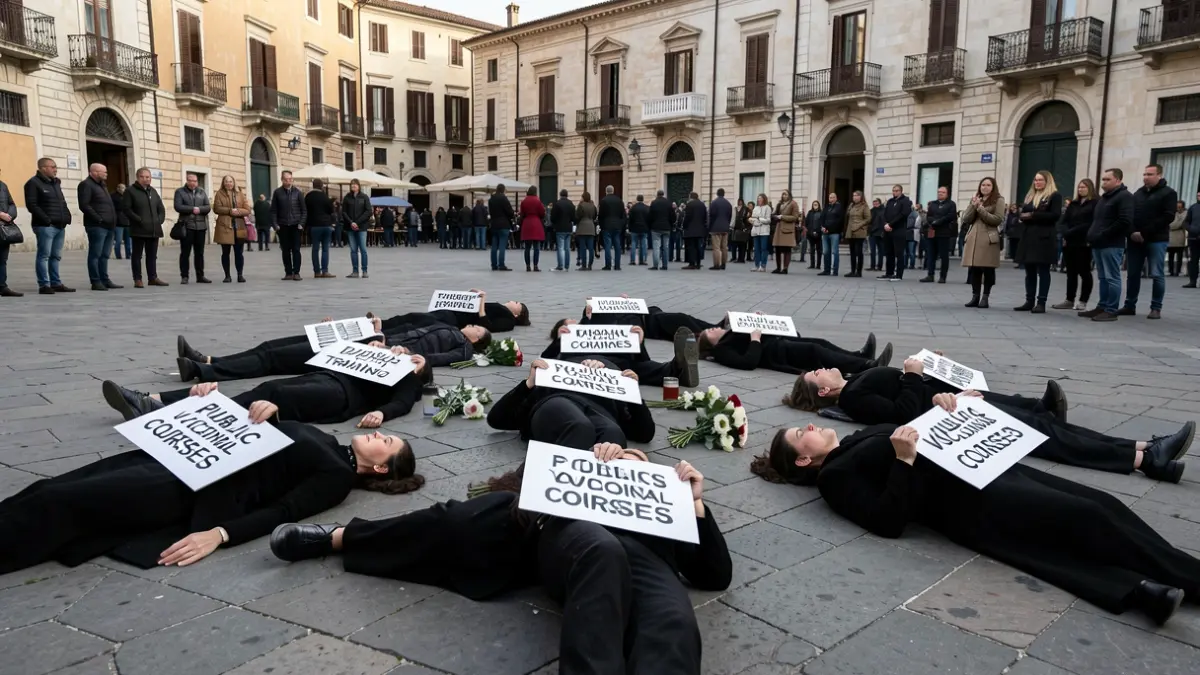 Imatge genèrica de professors simulant un enterrament per la FP pública a València.