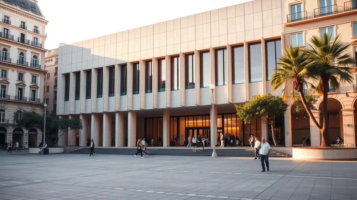 Image of a modern civic center with a public square in the Cabanyal-Canyamelar neighborhood of Valencia.