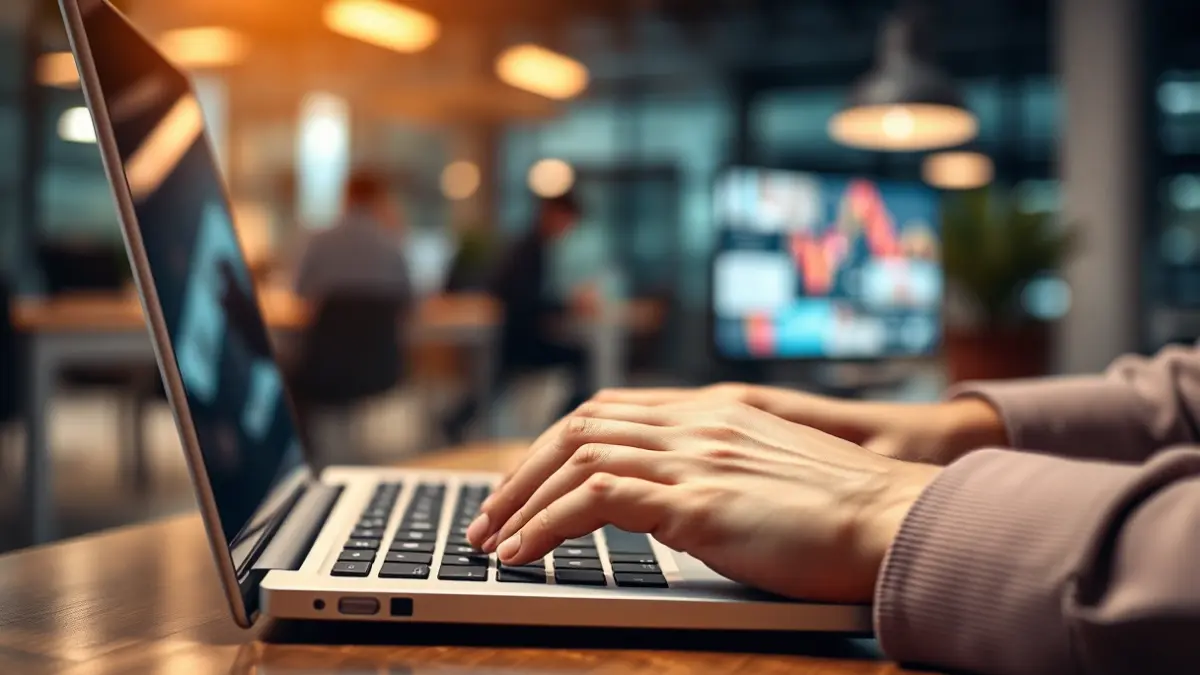 Generic image of hands typing on a laptop in an office setting, symbolizing work intensity.