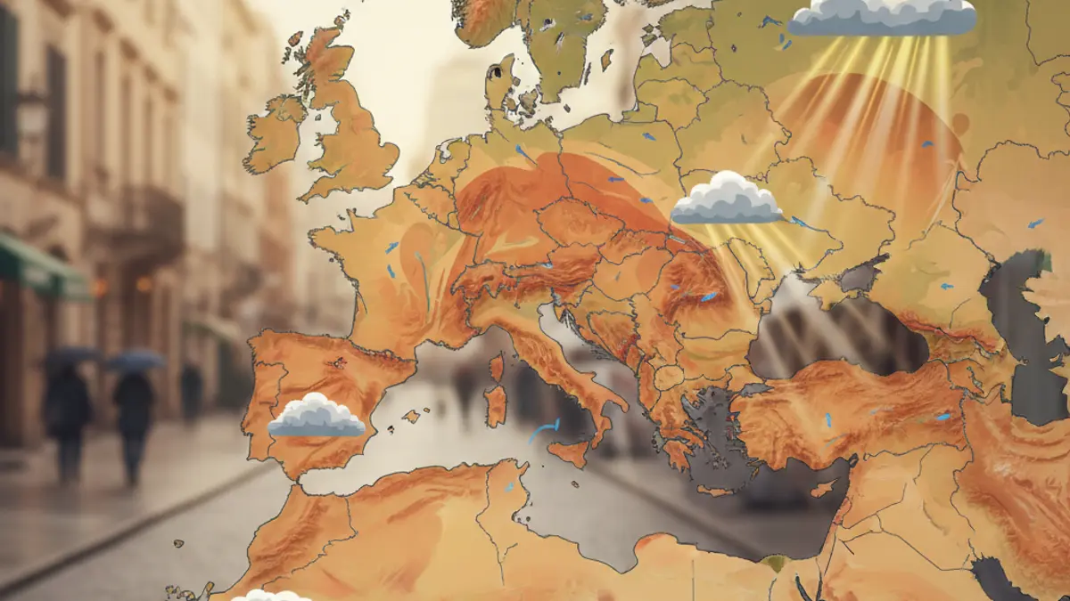 Generic image of a weather map showing rising temperatures and scattered rain clouds over a Mediterranean region.
