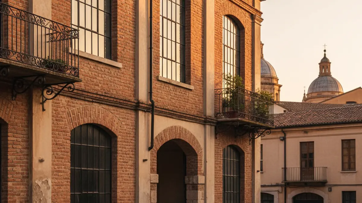 Image of a historic industrial facade in a Mediterranean city, with architectural details and warm afternoon light.