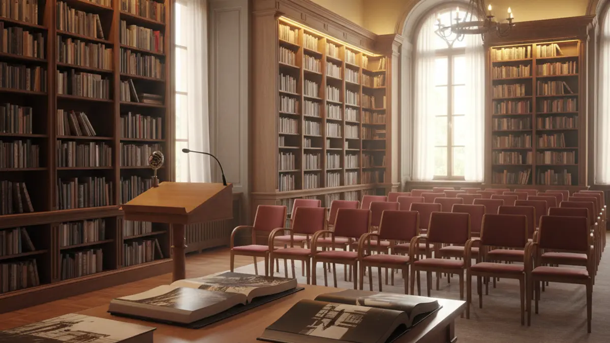 Imatge d'una sala d'exposicions o biblioteca amb llibres de fotografia, llums càlides i un ambient acollidor.