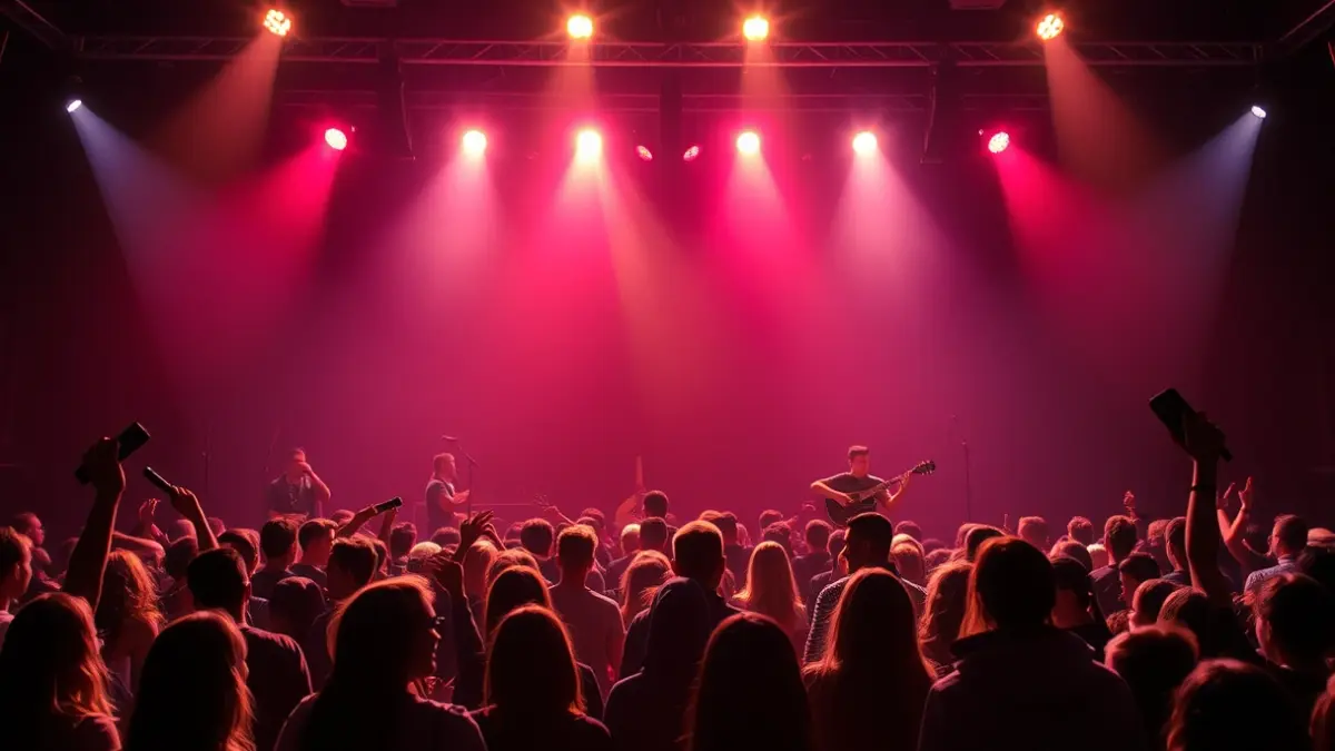 Imagen de adolescentes en un escenario, con luces borrosas, durante una actuación musical.