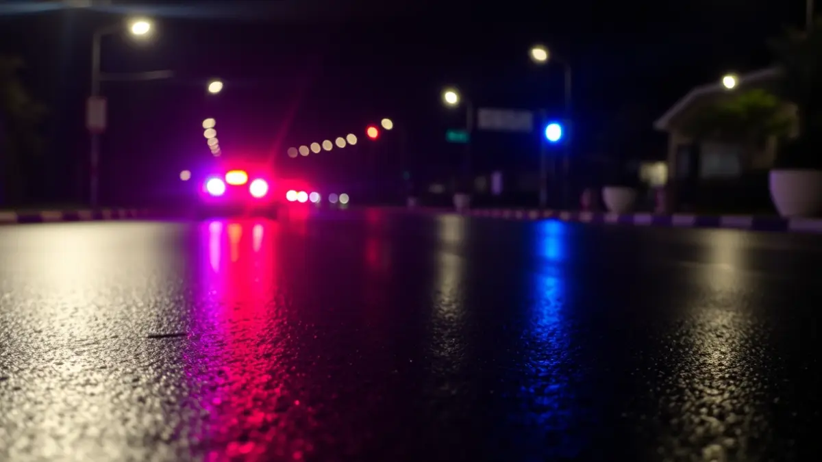 Imagen genérica de luces de emergencia reflejándose en el asfalto mojado de noche, sin vehículos visibles.