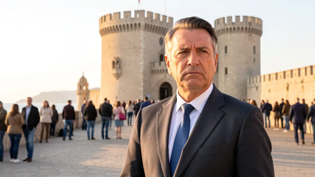 Rafa Carrió in front of the Torre del Consell of Dénia Castle.