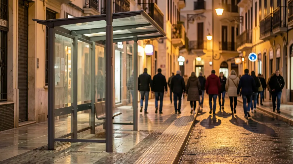 Generic image of a bus stop in an urban setting.