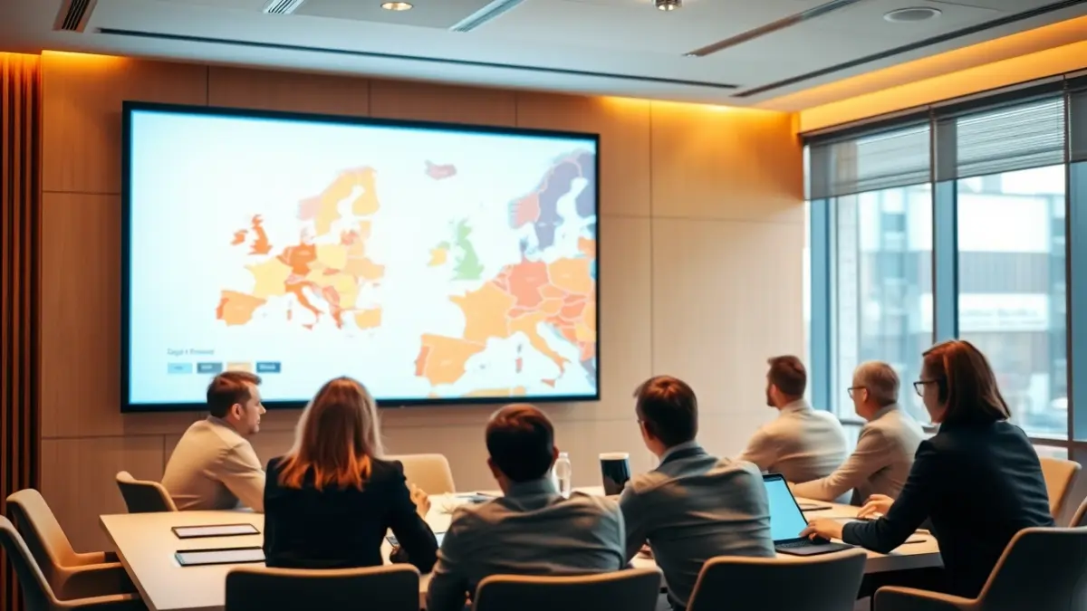 Imagen genérica de una sala de conferencias con una pantalla que muestra un mapa de Europa, simbolizando la cooperación en acción climática.