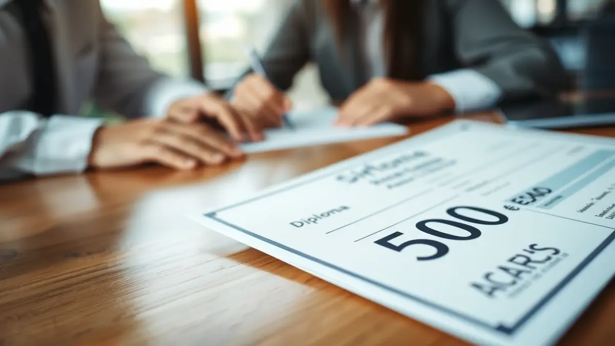Generic image of a diploma and a 500 euro check on a wooden table.