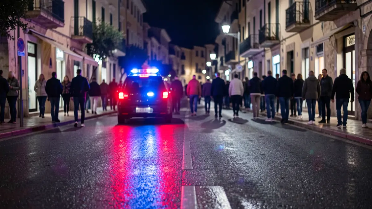 Imatge genèrica de llums d'emergència policials reflectint-se en asfalt mullat de nit.