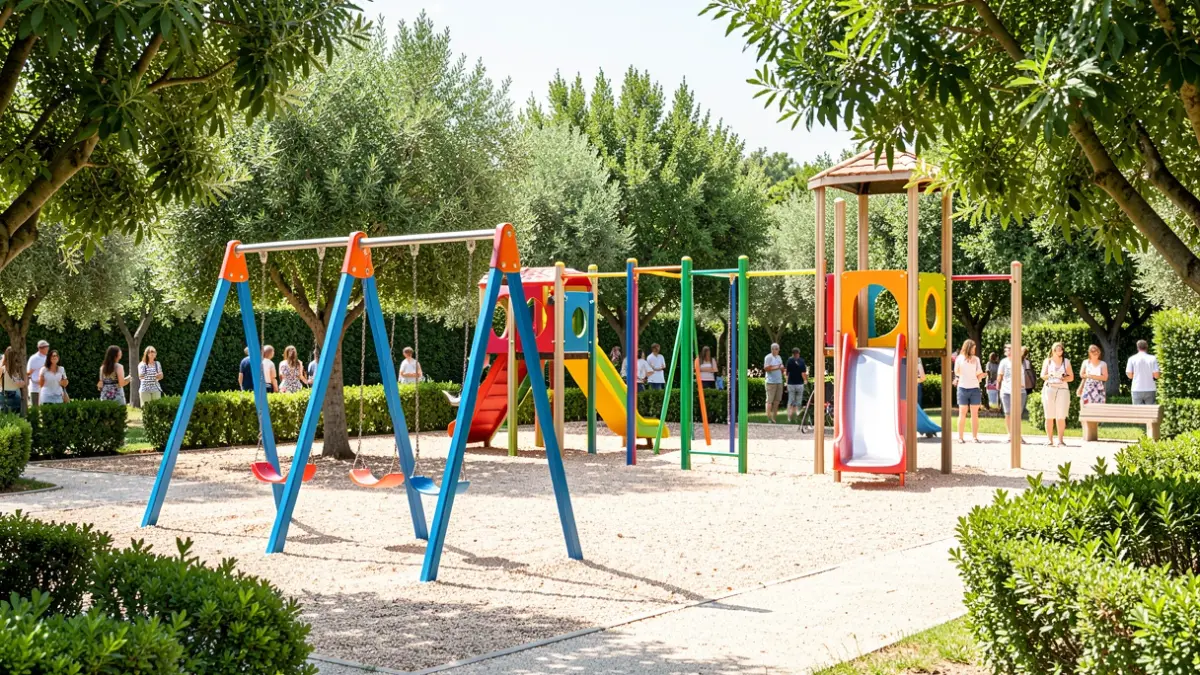 Generic image of a children's playground in a Mediterranean garden.