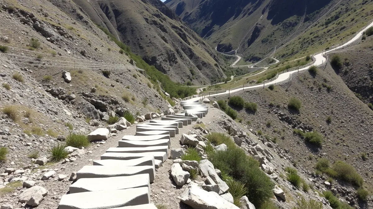 Image of a mountain path repaired with concrete and rocks in a Mediterranean landscape.