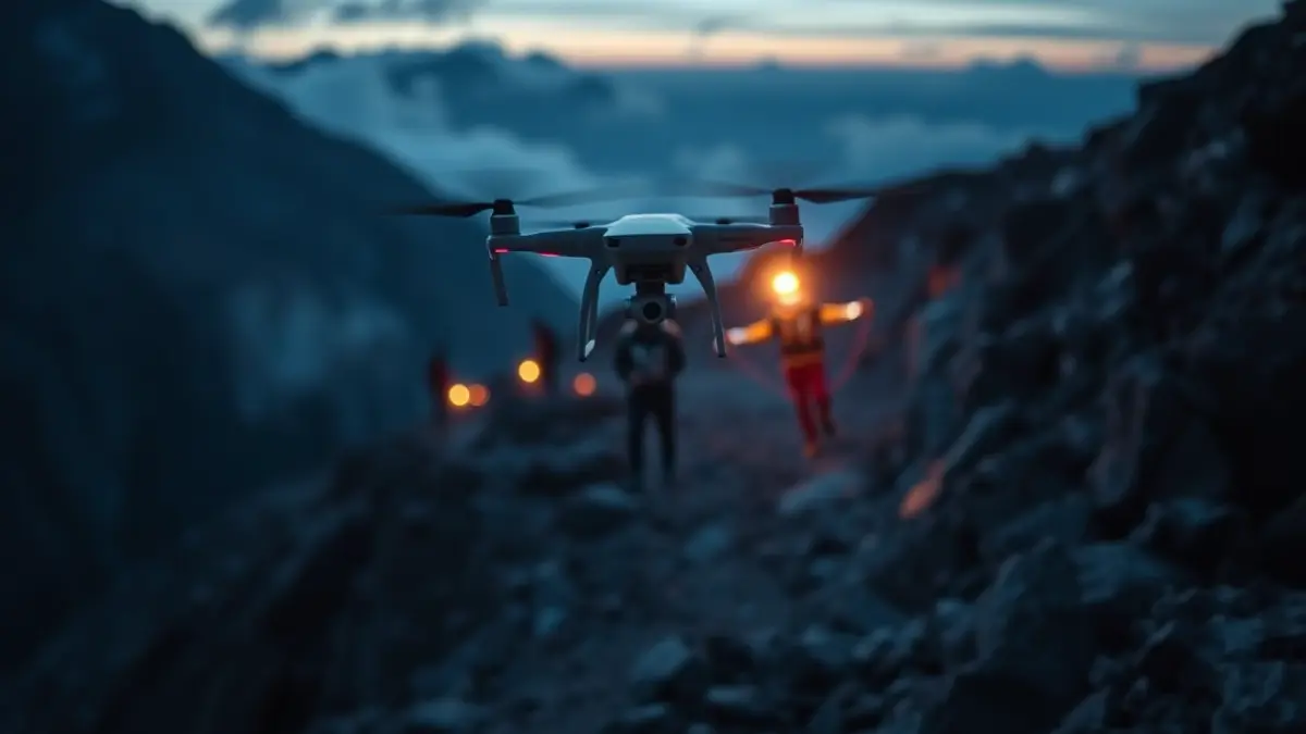 Imagen de un dron sobrevolando un sendero de montaña empinado al anochecer, con figuras borrosas de personas a la distancia y luces de emergencia.