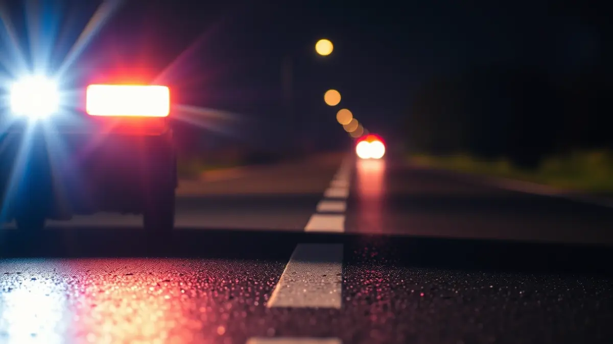 Generic image of emergency lights reflecting on wet asphalt at night, with a blurred background of a rural road.