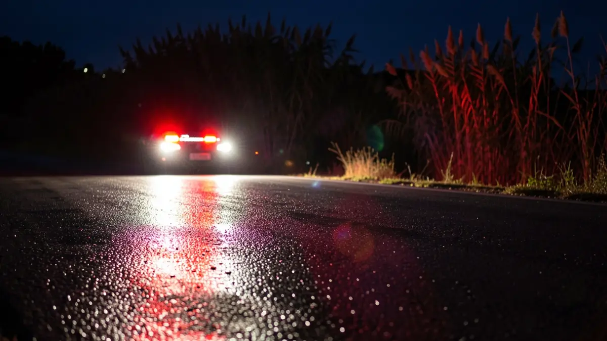 Imagen genérica de luces de emergencia reflejándose en asfalto mojado de noche.