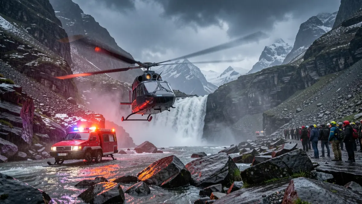 Imagen genérica de un helicóptero de rescate en una zona montañosa con mal tiempo.