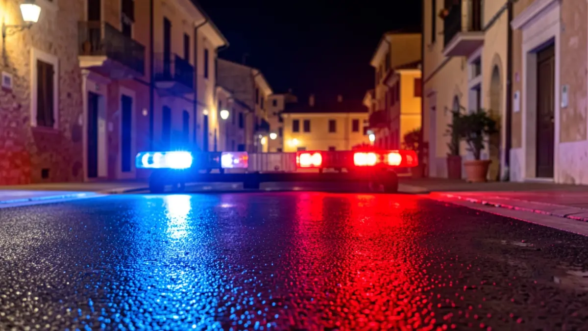 Imatge genèrica de llums d'emergència reflectint-se en asfalt mullat de nit.