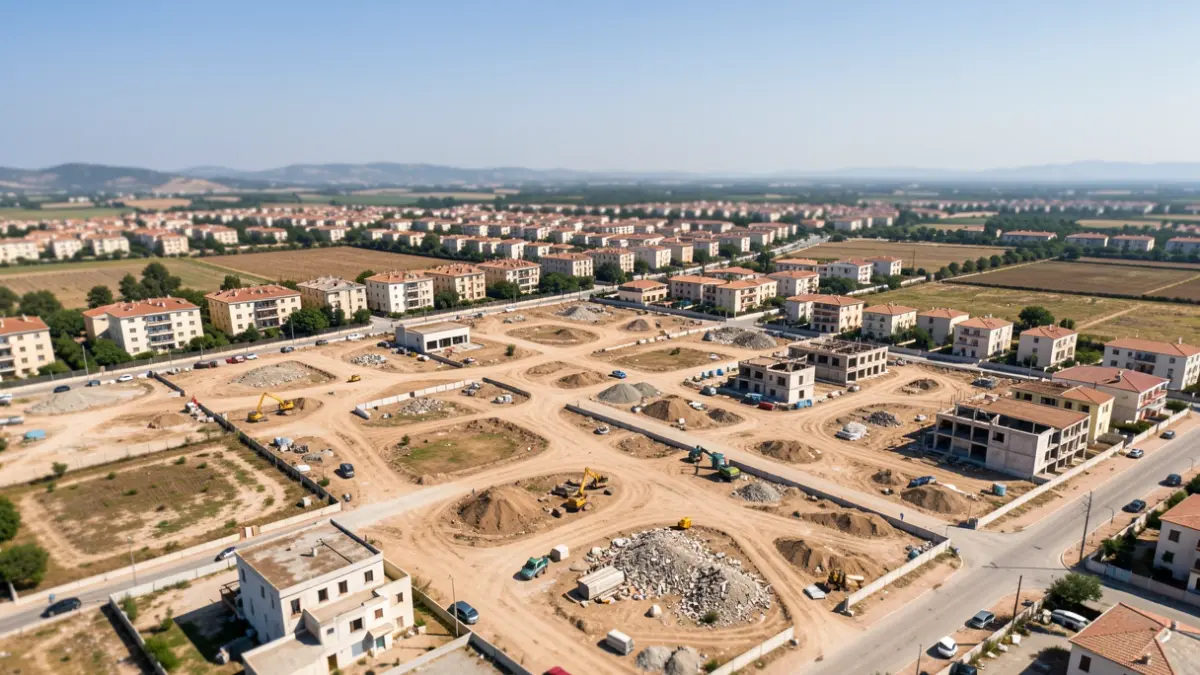 Generic image of an urban sector with unfinished constructions and signs of neglect.