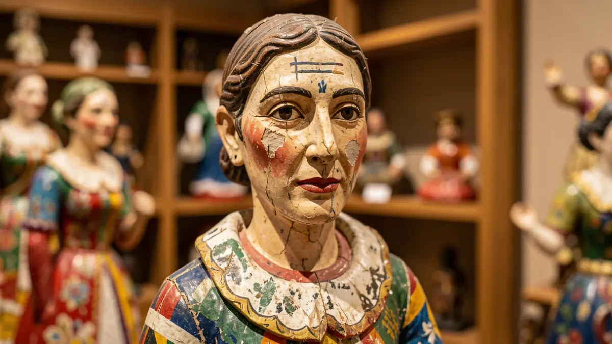 Imatge d'un ninot tradicional de les Falles amb signes d'edat, en un museu.
