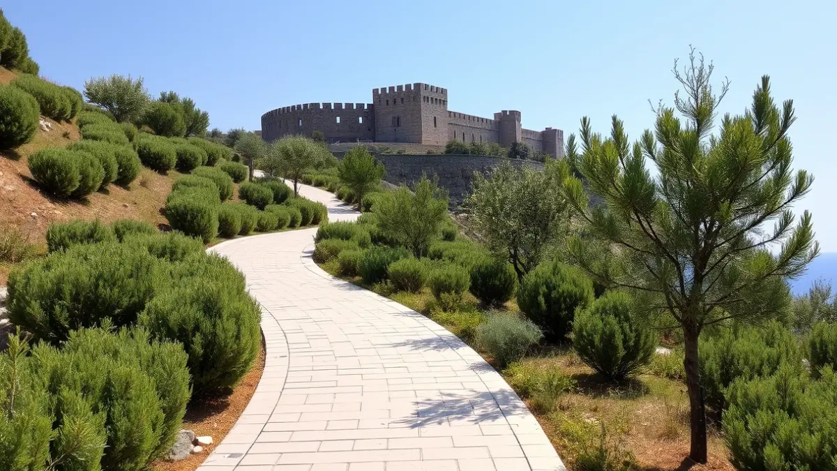 Imagen de un sendero peatonal con zonas ajardinadas que conduce a una fortaleza histórica.